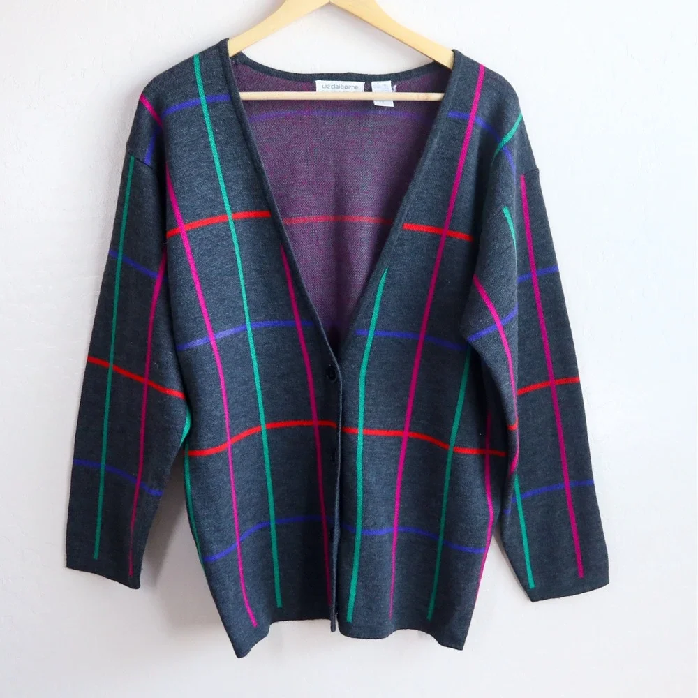 Vintage Liz Claiborne Wool Cashmere Blend Cardigan 80s 90s Plaid Grid Sweater M‎
